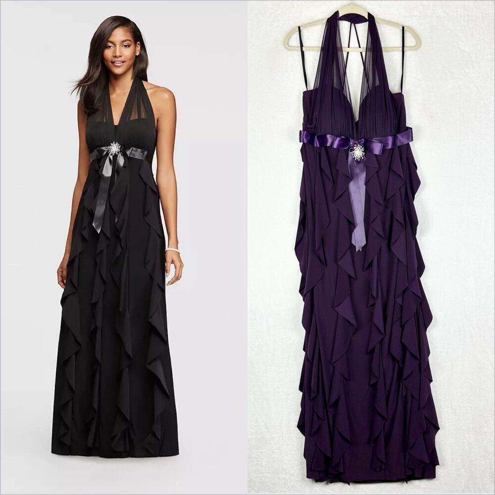 Betsy Adam Illusion Halter Jersey Corkscrew Ruffle Dress Size 16W Purple Stretch